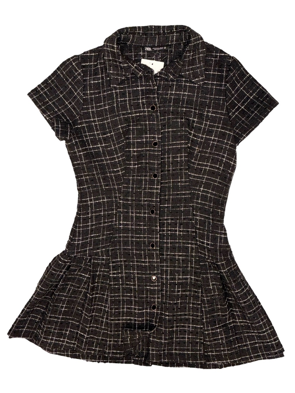 NWT ZARA Textured Short Dress Black & White Tweed Check Short Sleeve Mini Sz M - Picture 7 of 9